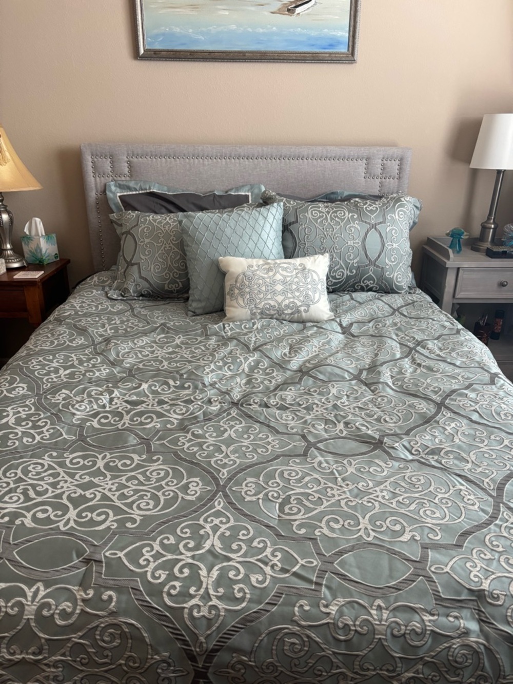 Madison Park Aqua, Grey, and White Embroidered Scroll 9 piece QueenComforter Set